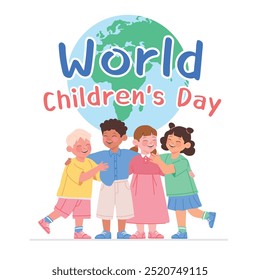 Concepto del Día Mundial del Niño el 20 de noviembre, niños felices y lindos con el mundo, el día internacional para celebrar el derecho de los niños, diseño de Ilustración vectorial plana con colores brillantes.