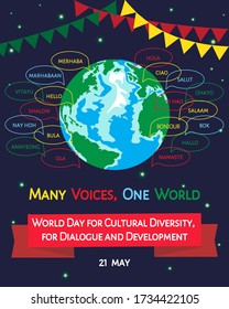 Día Mundial de la Diversidad Cultural en el afiche vectorial del 21 de mayo. Word Hello en diversos idiomas en burbujas de voz alrededor del globo terrestre, estrellas, aislado en el fondo del espacio. Muchas voces, cita de One World.