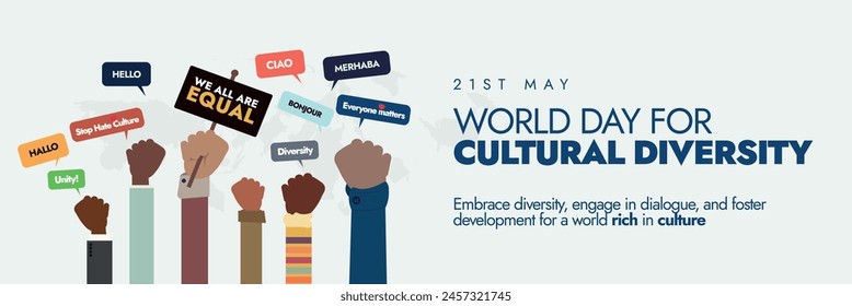 Día Mundial de la Diversidad Cultural 21 de mayo de 2024. El Día Mundial de la Diversidad Cultural para el Diálogo y el Desarrollo cubre el Anuncio, poste con manos de diferentes colores sosteniendo Anuncios para mostrar unidad. 