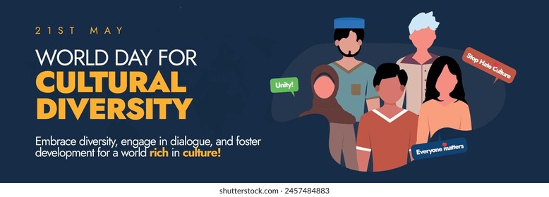 World Day for cultural diversity 22nd may celebration cover banner. World cultural diversity day banner, social media post with people of different culture, speech bubbles of: unity, everyone matters.