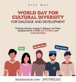 Día Mundial de la Diversidad Cultural para el Diálogo y el Desarrollo. 21 de mayo Celebración del Día Mundial de la Diversidad Cultural Anuncio con personas de diferentes culturas. El día muestra la coexistencia pacífica entre las personas