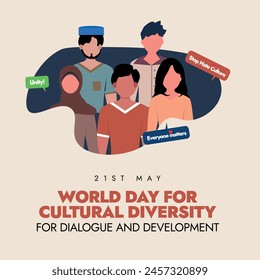 Día Mundial de la Diversidad Cultural para el Diálogo y el Desarrollo. 21 de mayo Anuncio de celebración del Día Mundial de la Diversidad Cultural, publicación en medios sociales con personas de diferentes culturas, etnias y religiones juntas. 