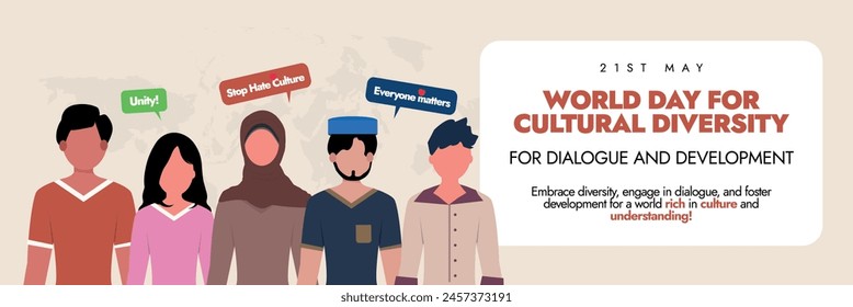 Día Mundial de la Diversidad Cultural para el Diálogo y el Desarrollo. 21 de mayo Día Mundial de la Diversidad Cultural Anuncio, post con personas de diferentes culturas. El día muestra la coexistencia pacífica entre las personas