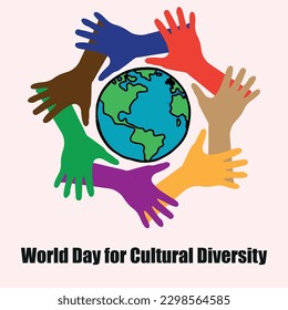 World Day for Cultural Diversity vector with hands hold together and earth greetings card