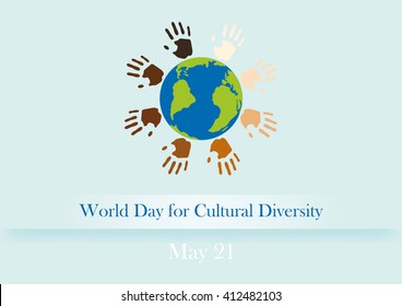 World Day for Cultural Diversity vector. Background with Earth and colored hands