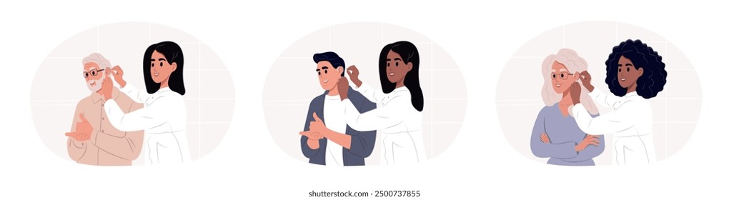 World Day Deaf. Female doctor fitting hearing aid into patient's ear while consultation in clinic. Vector illustration.