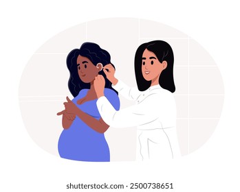 World Day of the Deaf. A female doctor installs a hearing aid in the ear of a pregnant woman during a consultation at the clinic. Vector illustration.