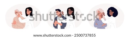 World Day Deaf. Female doctor fitting hearing aid into patient's ear while consultation in clinic. Vector illustration.