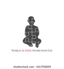 World Day Of Dissemination Of Information About The Problem Of Autism, Vector Flat Illustration, Child Sitting Silhouette, Puzzle, Mosaic, White, Black, Gray, Red, Awareness, Development, Social