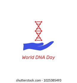 world day DNA, vector flat illustration, silhouette spiral, text, logo, icon, white, blue, red, palm hands, outstretched hand
