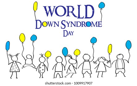 World Day of Down Syndrome. Doodles for children with colored balloons. Healthcare concept.