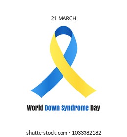 World Day of Down Syndrome. Yellow-blue ribbon isolated on white background. Vector illustration.