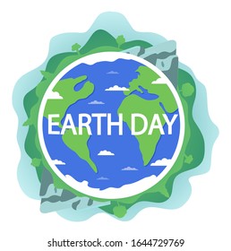 World day of the Earth.Save the planet banner, for environment safety.Global map isolated on white background. Oceans and continents with mountains and forests.Eco friendly ecology.