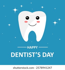 World Dentist’s Day with happy tooth character for greeting card, banner, poster and flyer. Smiling cute character tooth. Cartoon medical health and dentistry concept. Flat vector illustration