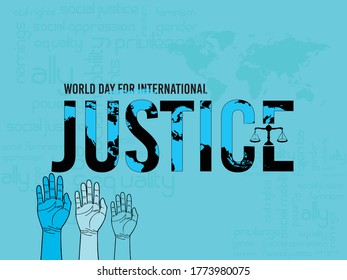 World Day for International Justice Creative Design, with Blue Background and hands, letter in black with world map