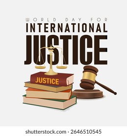 Cartaz do Dia Mundial da Justiça Internacional com pilhas de livros, juiz de martelo e justiça de escalas