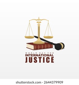World Day For International Justice with scales of justice, book and wooden hammer