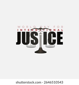 Dia Mundial da Justiça Internacional com escalas de justiça sobre fundo branco, 17 de julho