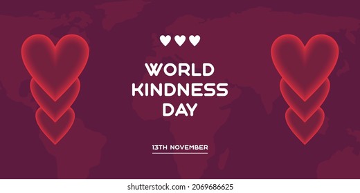 World Day of Kindness Template. Background illustration with purple isolated world map image and stacked love icon elements. Vector design.