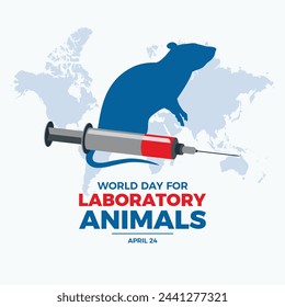 World Day For Laboratory Animals poster vector illustration. Experimental mouse and syringe icon vector. Laboratory rat and injection symbol. Template for background, banner, card. April 24 every year