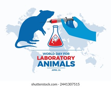 World Day For Laboratory Animals poster vector illustration. Laboratory mouse intravenous injection icon vector. Lab rat and syringe symbol. Template for background, banner, card. April 24 every year