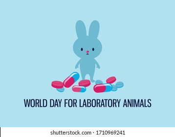 World Day for Laboratory Animals vector. Laboratory rabbit with drugs vector. Sad experimental rabbit cartoon character. Experimental animal and pills icon. Stop animal testing vector. Important day