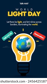 World day of light.16th May 2024 International light day social media story post with map earth globe in a light bulb, speech bubbles with dark blue background. Light Day Innovation electricity