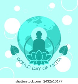 World Day of Metta event banner. A Buddha is meditating on a lotus flower with earth and Bodhi leaves on light blue background to celebrate on March 22