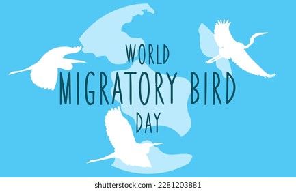 World Day of Migratory Birds. Template for background, banner, postcard, poster. Vector illustration. Migration of birds. On a blue background, white silhouettes of flying storks with the inscription