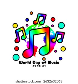World Day of Music to celebrate on June 21st. Colorful musical notes and decoration on white background.