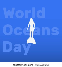 world day of the oceans, vector illustration, flat silhouette, blue, white, text banner