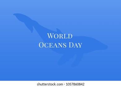 world day of oceans, vector illustration, flat silhouette, blue, white, text banner
