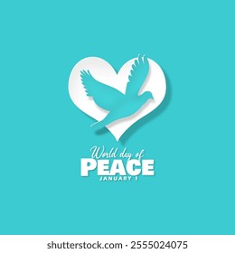 World Day of Peace to celebrate on January 1st. A bird with a white heart on light blue background.