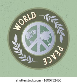 World Day of Peace greeting card or logo with planet Earth surrounded by olive branches and inscription. International holiday concept. Vector illustration for banner, poster, icon, postcard.
