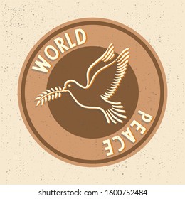 World Day of Peace greeting card or logo with planet Earth surrounded by olive branches and inscription. International holiday concept. Vector illustration for banner, poster, icon, postcard.