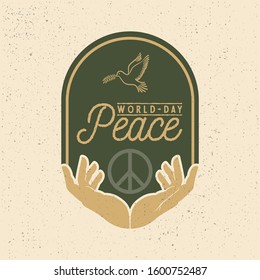 World Day of Peace greeting card or logo with planet Earth surrounded by olive branches and inscription. International holiday concept. Vector illustration for banner, poster, icon, postcard.