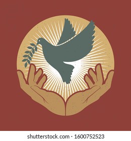 World Day of Peace greeting card or logo with planet Earth surrounded by olive branches and inscription. International holiday concept. Vector illustration for banner, poster, icon, postcard.