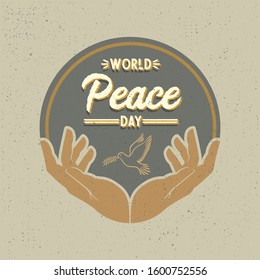 World Day of Peace greeting card or logo with planet Earth surrounded by olive branches and inscription. International holiday concept. Vector illustration for banner, poster, icon, postcard.