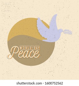 World Day of Peace greeting card or logo with planet Earth surrounded by olive branches and inscription. International holiday concept. Vector illustration for banner, poster, icon, postcard.