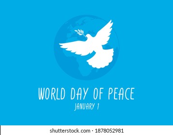 World Day of Peace on 1 January vector. Dove of peace white silhouette vector. Silhouette of planet earth with dove of peace vector. Important day