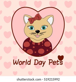 World Day Pets. A cat with a brown bow. Print for clothing, postcards. Love in pets
