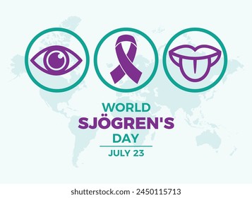 World Sjögren's Day poster vector illustration. Purple awareness ribbon, eye, tongue icon set vector. Template for background, banner, card. July 23 every year. Important day