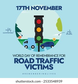 Anuncio conceptual del Día Mundial en Memoria de las Víctimas de Accidentes de Tráfico. 17 de noviembre Anuncio de celebración del Día de las Víctimas del Tráfico con señal de tráfico, vista de la carretera. El día recuerda a las víctimas de los accidentes de tráfico