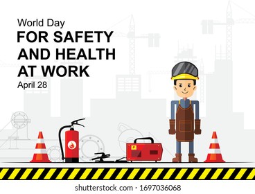 World Day for Safety and Health at Work, April 28. Vector banner design. Cute flat cartoon style.