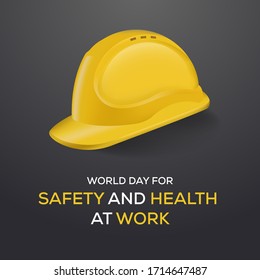 world day for safety and health at work poster, safety helmet and black background concept