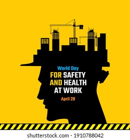 World Day for Safety and Health at Work illustration design. Silhouette of worker with hard hat and construction work.