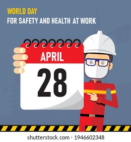 World Day For Safety And Health At Work, April 28. Officer Hold The Calendar And Pointed The Date.