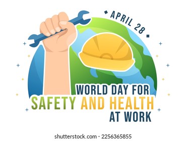 World Day Of Safety and Health at Work on April 28 Illustration with Mechanic Tool in Flat Cartoon Hand Drawn for Web Banner or Landing Page Template