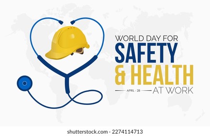 World day for safety and health at work. Construction helmet and stethoscope for safe and healthy working days for  card, banner, template design with white background. Observed on April 28 svg