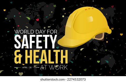 Día mundial de la seguridad y la salud en el trabajo. Casco de construcción para jornadas de trabajo seguras y saludables con colorido efecto confetti de medio tono en fondo negro. Observado el 28 de abril